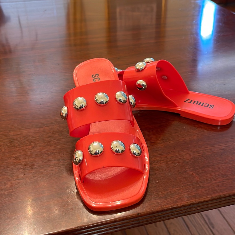 Schutz Red Slide Sandals with Gold Accents